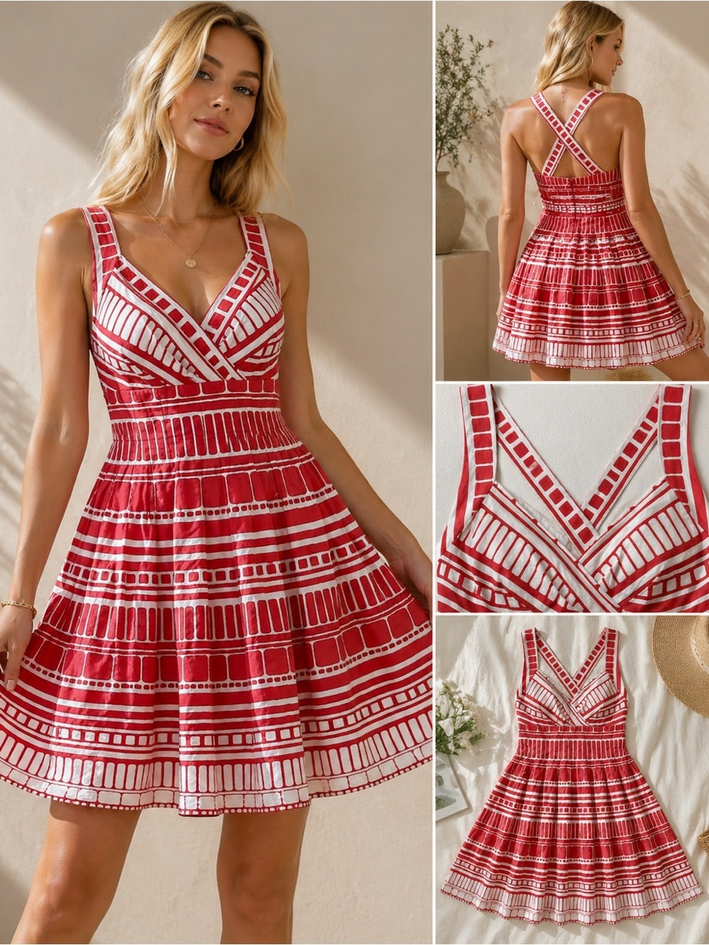Red & White Fit & Flare Cotton Dress Crisscross Back Summer